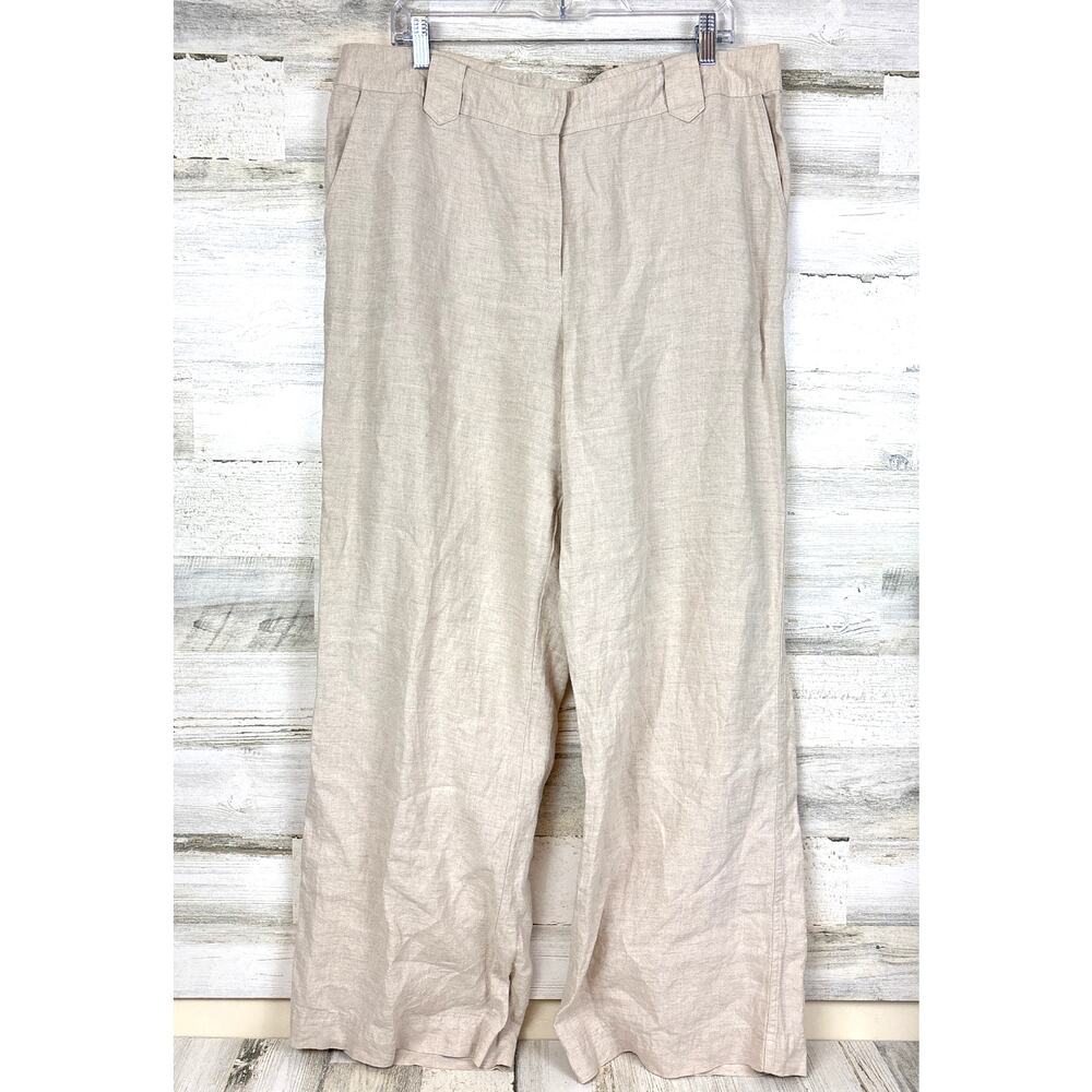 Saks Fifth Avenue Womens 16 Beige Linen Wide-Leg Mid-Rise Lightweight Pants NEW